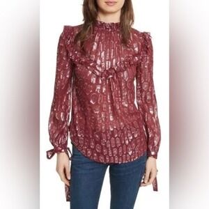 Veronica‎ Beard Women's Brooks Burgundy Metallic Print Silk Blouse- Size 4